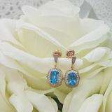 10K Rose Gold 7 MM Each Cushion Blue Topaz & Round White Diamond Ladies Drop Earrings