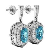 10K White Gold 7 MM Each Cushion Blue Topaz & Round White Diamond Ladies Drop Earrings
