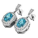 10K White Gold 7 MM Each Cushion Blue Topaz & Round White Diamond Ladies Drop Earrings