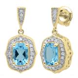 10K Yellow Gold 7 MM Each Cushion Blue Topaz & Round White Diamond Ladies Drop Earrings