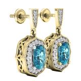 10K Yellow Gold 7 MM Each Cushion Blue Topaz & Round White Diamond Ladies Drop Earrings