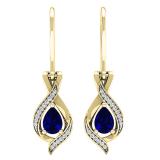 18K Yellow Gold 7X5 MM Each Pear Blue Sapphire & Round White Diamond Ladies Dangling Drop Earrings