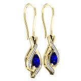 18K Yellow Gold 7X5 MM Each Pear Blue Sapphire & Round White Diamond Ladies Dangling Drop Earrings