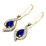 18K Yellow Gold 7X5 MM Each Pear Blue Sapphire & Round White Diamond Ladies Dangling Drop Earrings