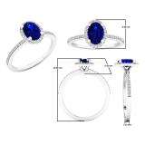 10K White Gold 7X5 MM Oval Blue Sapphire & Round Diamond Bridal Halo Engagement Ring