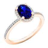 14K Rose Gold 7X5 MM Oval Blue Sapphire & Round Diamond Bridal Halo Engagement Ring