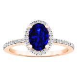 14K Rose Gold 7X5 MM Oval Blue Sapphire & Round Diamond Bridal Halo Engagement Ring