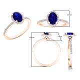 14K Rose Gold 7X5 MM Oval Blue Sapphire & Round Diamond Bridal Halo Engagement Ring