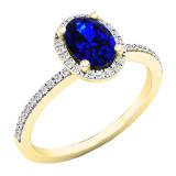 14K Yellow Gold 7X5 MM Oval Blue Sapphire & Round Diamond Bridal Halo Engagement Ring