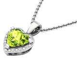 Sterling Silver 7X7 MM Heart Peridot & Round Diamond Ladies Halo Heart Shape Pendant