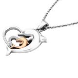 0.05 Carat (ctw) Rose Gold Plated Sterling Silver Round Diamond Ladies Double Dolphin Heart Pendant