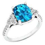 Sterling Silver 9X7 MM Cushion Blue Topaz And Round White Sapphire & Diamond Bridal Engagement Ring