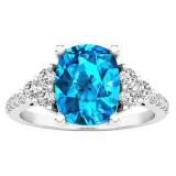 Sterling Silver 9X7 MM Cushion Blue Topaz And Round White Sapphire & Diamond Bridal Engagement Ring