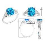 Sterling Silver 9X7 MM Cushion Blue Topaz And Round White Sapphire & Diamond Bridal Engagement Ring