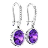 Sterling Silver 9 MM Round Amethyst & White Diamond Ladies Dangling Drop Earrings