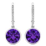 Sterling Silver 9 MM Round Amethyst & White Diamond Ladies Dangling Drop Earrings