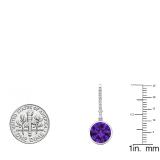 Sterling Silver 9 MM Round Amethyst & White Diamond Ladies Dangling Drop Earrings