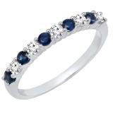 Round Blue Sapphire & White Diamond Ladies Stackable Anniversary Wedding Band | 14K White Gold