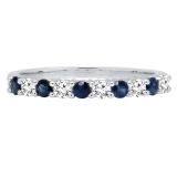 Round Blue Sapphire & White Diamond Ladies Stackable Anniversary Wedding Band | 14K White Gold