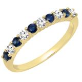 Round Blue Sapphire & White Diamond Ladies Stackable Anniversary Wedding Band | 14K Yellow Gold