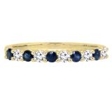 Round Blue Sapphire & White Diamond Ladies Stackable Anniversary Wedding Band | 14K Yellow Gold