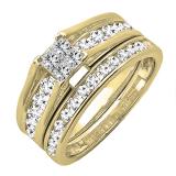 0.98 Carat (ctw) 10K Yellow Gold Princess & Round Diamond Ladies Bridal Engagement Ring Set 1 CT