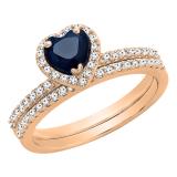 10K Rose Gold 6 MM Heart Blue Sapphire & Round Diamond Ladies Heart Shaped Engagement Ring Set