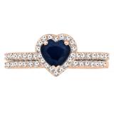 10K Rose Gold 6 MM Heart Blue Sapphire & Round Diamond Ladies Heart Shaped Engagement Ring Set