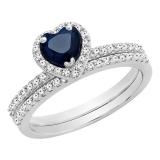 10K White Gold 6 MM Heart Blue Sapphire & Round Diamond Ladies Heart Shaped Engagement Ring Set
