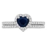 10K White Gold 6 MM Heart Blue Sapphire & Round Diamond Ladies Heart Shaped Engagement Ring Set