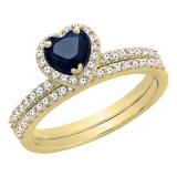 10K Yellow Gold 6 MM Heart Blue Sapphire & Round Diamond Ladies Heart Shaped Engagement Ring Set