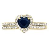10K Yellow Gold 6 MM Heart Blue Sapphire & Round Diamond Ladies Heart Shaped Engagement Ring Set