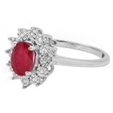 18K White Gold 8X6 MM Oval Ruby & Round White Diamond Ladies Bridal Starburst Frame Engagement Ring