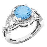 10K White Gold 8 MM Round Blue Topaz & White Diamond Ladies Split Shank Engagement Ring