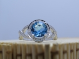 10K White Gold 8 MM Round Blue Topaz & White Diamond Ladies Split Shank Engagement Ring