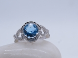 10K White Gold 8 MM Round Blue Topaz & White Diamond Ladies Split Shank Engagement Ring