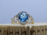 18K Yellow Gold 8 MM Round Blue Topaz & White Diamond Ladies Split Shank Engagement Ring