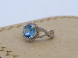 18K Yellow Gold 8 MM Round Blue Topaz & White Diamond Ladies Split Shank Engagement Ring