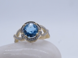 18K Yellow Gold 8 MM Round Blue Topaz & White Diamond Ladies Split Shank Engagement Ring