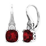 10K White Gold 8 MM Each Cushion & Round Garnet & Round Diamond Halo Hoop Earrings