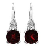 10K White Gold 8 MM Each Cushion & Round Garnet & Round Diamond Halo Hoop Earrings