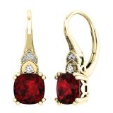 10K Yellow Gold 8 MM Each Cushion & Round Garnet & Round Diamond Halo Hoop Earrings