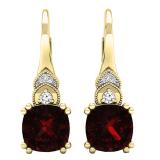 10K Yellow Gold 8 MM Each Cushion & Round Garnet & Round Diamond Halo Hoop Earrings