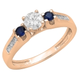 10K Rose Gold Round White & Blue Sapphire & White Diamond Bridal Engagement Ring
