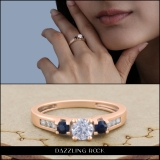 10K Rose Gold Round White & Blue Sapphire & White Diamond Bridal Engagement Ring