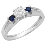 10K White Gold Round White & Blue Sapphire & White Diamond Bridal Engagement Ring