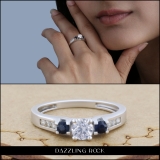 10K White Gold Round White & Blue Sapphire & White Diamond Bridal Engagement Ring