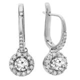 1.22 Carat (ctw) 18K White Gold Round White Diamond Ladies Halo Style Dangling Drop Earrings