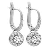 1.22 Carat (ctw) 18K White Gold Round White Diamond Ladies Halo Style Dangling Drop Earrings