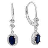 10K White Gold 6X4 MM Each Oval Blue Sapphire & Round Diamond Ladies Halo Dangling Drop Earrings